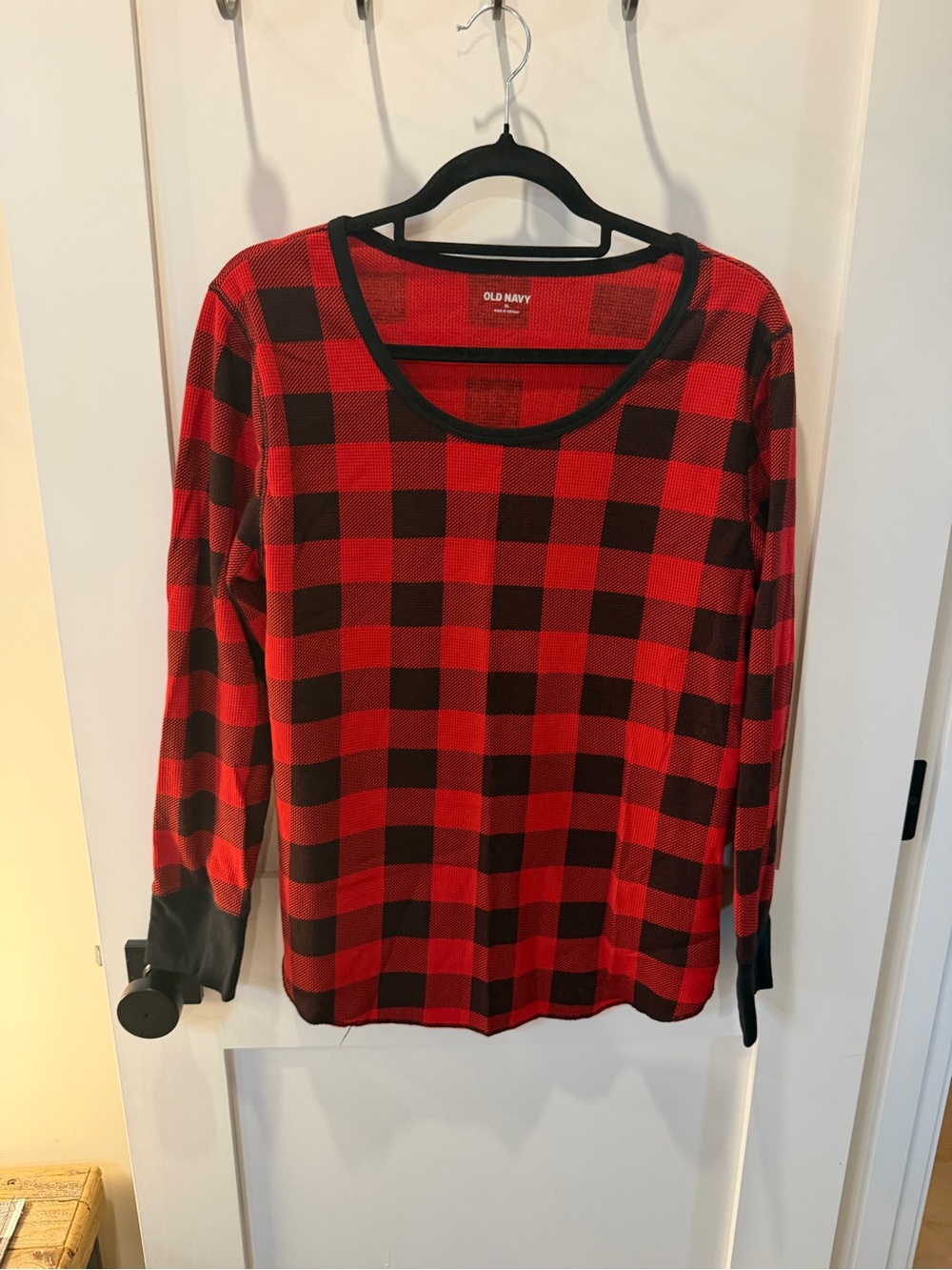 Old Navy Red and Black Buffalo Plaid Long Sleeve Top with Scoop Neck